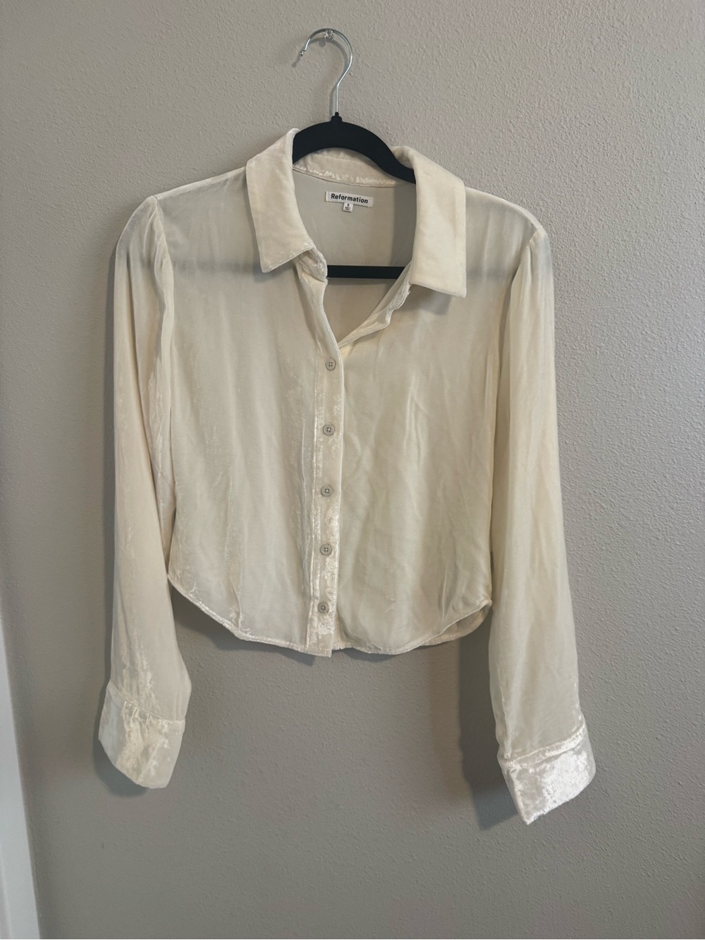 Reformation Ivory Button-Down Silk/Velvet Top - Size S